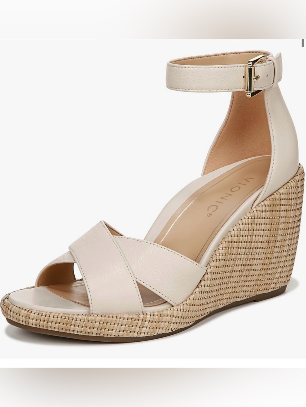 Vionic Cream Woven Venus Marina Wedge Sandals with Ankle Strap